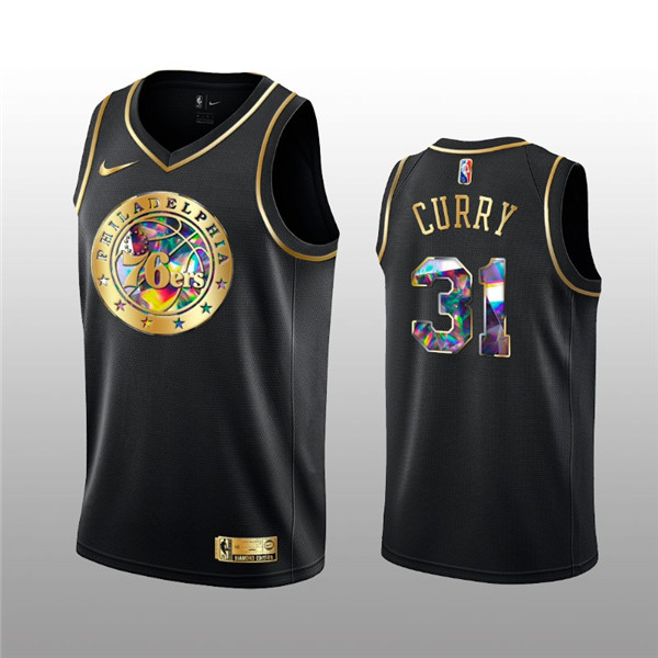 Men's Philadelphia 76ers #31 Seth Curry 2021/22 Black Golden Edition 75th Anniversary Diamond Logo Stitched Basketball Jersey Men's Philadelphia 76ers #31 Seth Curry 2021/22 Black Golden Edition 75th Anniversary Diamond Logo Stitched Basketball Jersey